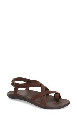 OluKai 'Upena' Flat Sandal in Brown Leather