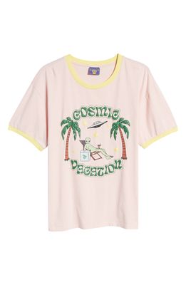 CONEY ISLAND PICNIC Men's Cosmic Vacation Cotton Graphic Tee in Pink W/Yellow Trim