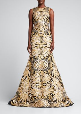Ribbon Embroidered Open-Back Mermaid Gown