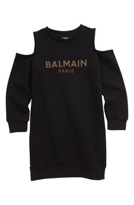 Balmain Kids' Studded Logo Cold Shoulder Sweatshirt Dress in 930 Black