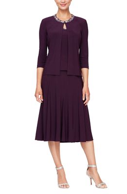 Alex Evenings Two-Piece Sequin Midi Dress with Jacket in Eggplant