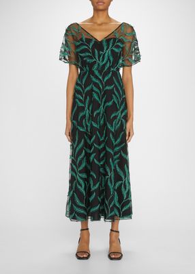 Fringe-Embroidered Flutter-Sleeve Illusion Dress