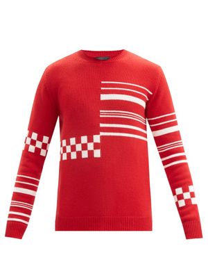 Prada - Stripe And Checkerboard-intarsia Cashmere Sweater - Mens - Red