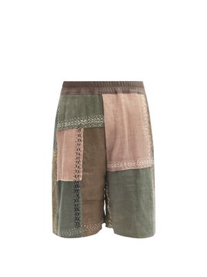 By Walid - Donny Patchworked Cotton Shorts - Mens - Brown Multi