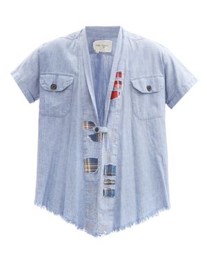 Greg Lauren - Distressed Cotton-chambray Short-sleeved Shirt - Mens - Blue