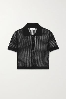 SAINT LAURENT - Cropped Open-knit Cotton And Silk-blend Polo Shirt - Black
