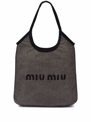 Miu Miu logo-print raffia tote bag - Black