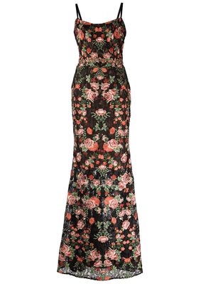 Marchesa Notte embroidered floral evening gown - Black
