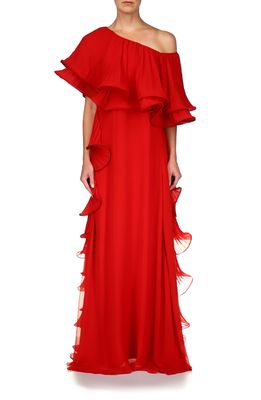 Badgley Mischka Collection One-Shoulder Pleated Ruffle Georgette Gown in Bright Siam