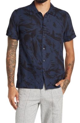 7 For All Mankind Short Sleeve Camp Slim Shirt in Navy Black Palm