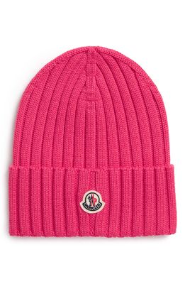 Moncler Logo Rib Virgin Wool Beanie in 559 Dark Pink
