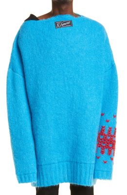 Raf Simons Oversize Jacquard Sleeve Mohair Blend Sweater in Aqua