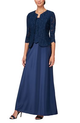 Alex Evenings Embroidered Lace Mock Two-Piece Gown with Jacket in Navy