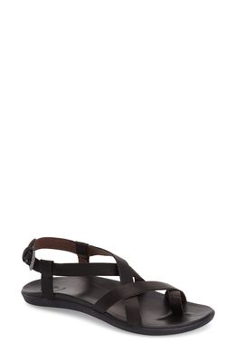 OluKai 'Upena' Flat Sandal in Black Leather