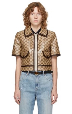 Gucci Beige & Brown Coated Canvas GG Short Sleeve Jacket
