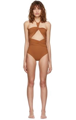 Nensi Dojaka SSENSE Exclusive Brown Plunging Knot Draped One-Piece Swimsuit