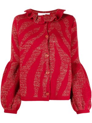AMI AMALIA intarsia-knit puff-sleeve cardigan - Red