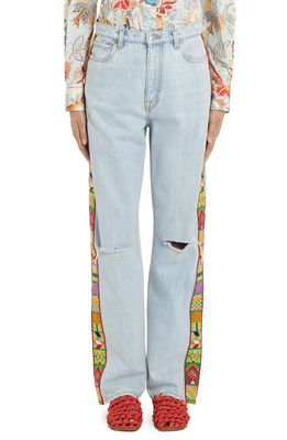 Etro Embroidered Side Stripe Distressed Jeans in Blu 0201