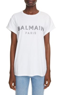 Balmain Crystal Logo Cotton T-Shirt in Blanc/Noir