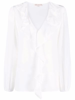 Gold Hawk ruched-neckline long-sleeve blouse - White
