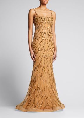 Remi Pleated Bustier Open-Back Beaded Gown