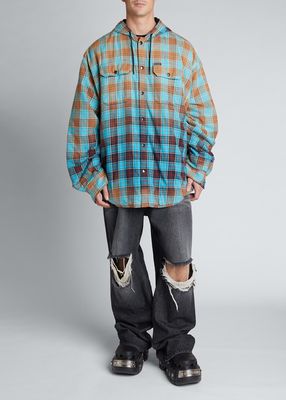 Men's Bleached Plaid Flannel Hooded Shirt Jacket