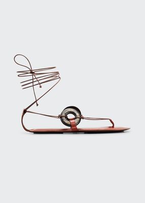 Calfskin Wooden-Ring Flat Tie Sandals
