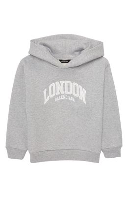 Balenciaga Kid's Cities London Logo Cotton Hoodie in Heather Grey White