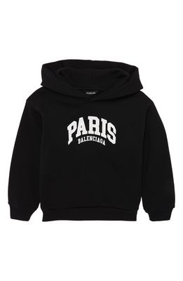 Balenciaga Kid's Cities Paris Logo Cotton Hoodie in Black White