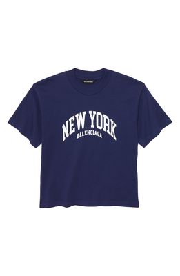 Balenciaga Kid's Cities New York Logo Cotton T-Shirt in Marine Blue White