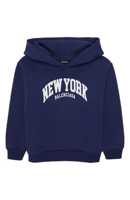 Balenciaga Kid's Cities New York Logo Cotton Hoodie in Marine Blue White