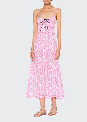 Floral-Print Smocked Lace-Up Silk Midi Dress