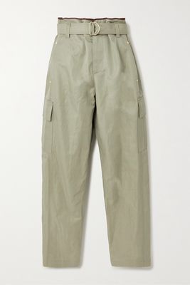 Brunello Cucinelli - Belted Cotton-blend Gabardine Straight-leg Pants - Green