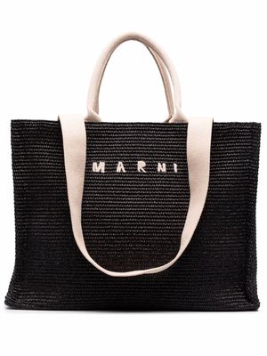Marni logo-embroidered raffia tote bag - Black