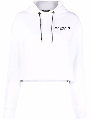 Balmain logo-print cropped hoodie - White