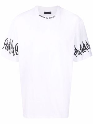 Vision Of Super flame-embroidered cotton T-shirt - White