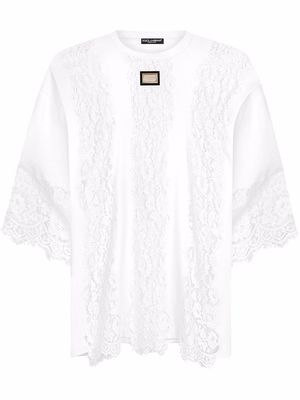 Dolce & Gabbana lace-panelled logo-plaque T-shirt - White