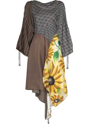 Marine Serre patchwork draped silk dress - Brown