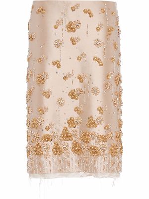 Miu Miu flower-embellished silk-wool midi skirt - Neutrals