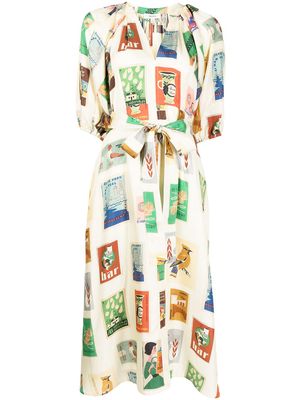Oroton matchbox-print belted midi dress - Yellow