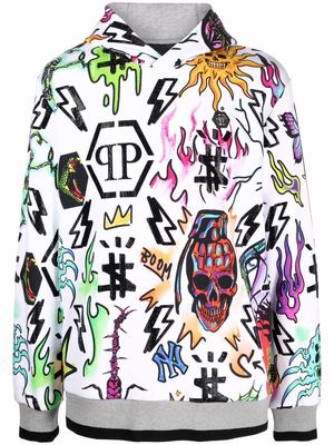 Philipp Plein patterned pullover hoodie - White