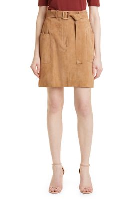 BOSS Semita Belted Suede Skirt in Iconic Camel