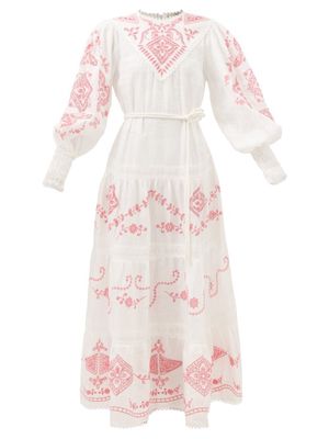 Ale mais - Cecilia Embroidered Linen Midi Dress - Womens - White Pink