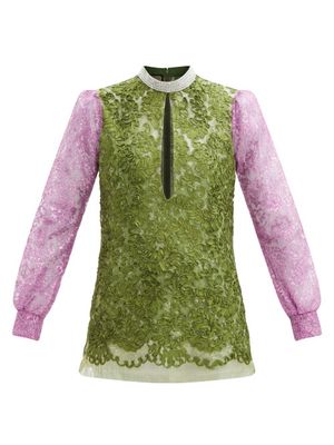 Gucci - Crystal-embellished Slit-front Lace Blouse - Womens - Green Multi