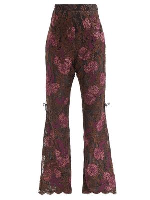 Gucci - Floral-lace And Leather Flared Trousers - Womens - Brown Multi