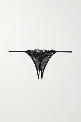 Coco de Mer - Athena Satin-trimmed Embroidered Tulle Thong - Black