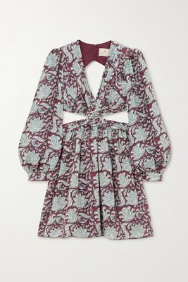 Hannah Artwear - Mia Cutout Floral-print Silk-voile Mini Dress - Burgundy