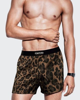 Men's Logo-Band Leopard Silk Boxers