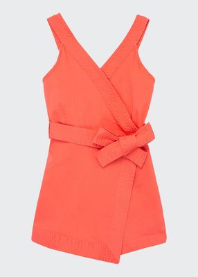Girl's Coral Faux-Wrap Woven Romper, Size 7-14