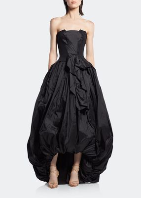 Enamoured Strapless Draped Balloon High-Low Gown